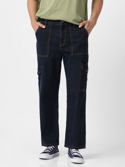 Urbano Fashion - Mens Blue Loose Fit Cargo Jeans with 6 Pockets Non-Stretchable