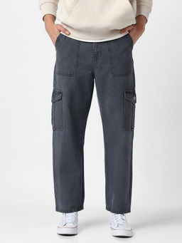 Urbano Fashion - Mens Grey Loose Fit Cargo Jeans with 6 Pockets Non-Stretchable