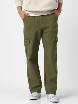 Urbano Fashion - Mens Olive Green Loose Fit Cargo Jeans with 6 Pockets Non-Stretchable