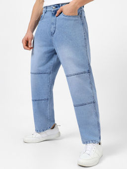 Urbano Fashion - Mens Ice Blue Loose Baggy Fit Cut And Sew Panelled Jeans Non-Stretchable