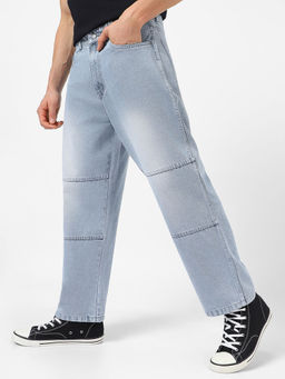 Urbano Fashion - Mens Ice Grey Loose Baggy Fit Cut And Sew Panelled Jeans Non-Stretchable