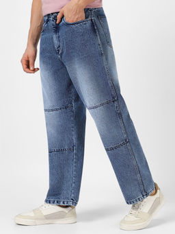 Urbano Fashion - Mens Blue Loose Baggy Fit Cut And Sew Panelled Jeans Non-Stretchable
