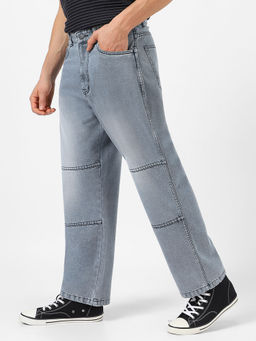 Urbano Fashion - Mens Grey Loose Baggy Fit Cut And Sew Panelled Jeans Non-Stretchable