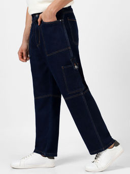 Urbano Fashion - Mens Dark Blue Loose Baggy Fit Washed Cargo Jeans With 6 Pockets Non-Stretchable