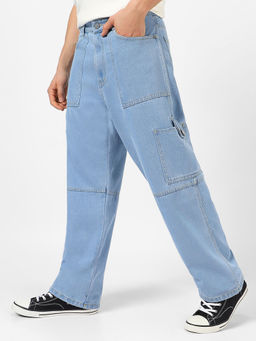 Urbano Fashion - Mens Ice Blue Loose Baggy Fit Washed Cargo Jeans With 6 Pockets Non-Stretchable