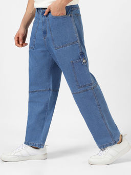 Urbano Fashion - Mens Light Blue Loose Baggy Fit Cargo Jeans With 6 Pockets Non-Stretchable