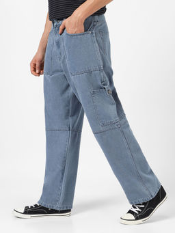 Urbano Fashion - Mens Light Grey Loose Baggy Fit Cargo Jeans With 6 Pockets Non-Stretchable