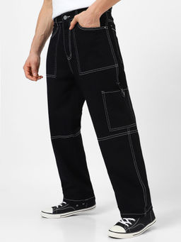 Urbano Fashion - Mens Black Loose Baggy Fit Washed Cargo Jeans With 6 Pockets Non-Stretchable