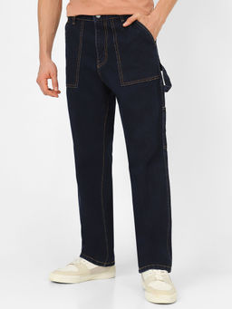 Urbano Fashion - Mens Dark Blue Loose Fit Cargo Carpenter Jeans With 6 Pockets Non-Stretchable