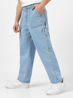 Urbano Fashion - Mens Ice Blue Loose Fit Cargo Carpenter Jeans With 6 Pockets Non-Stretchable
