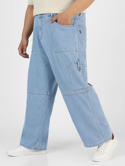 Urbano Plus - Mens Ice Blue Loose Baggy Fit Washed Cargo Jeans With 6 Pockets Non-Stretchable