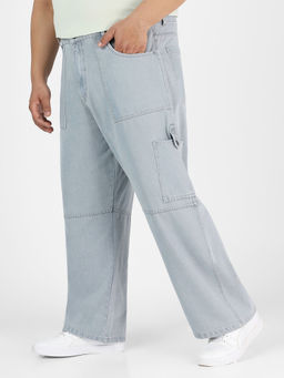 Urbano Plus - Mens Ice Grey Loose Baggy Fit Washed Cargo Jeans With 6 Pockets Non-Stretchable