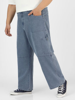 Urbano Plus - Mens Light Grey Loose Baggy Fit Washed Cargo Jeans With 6 Pockets Non-Stretchable