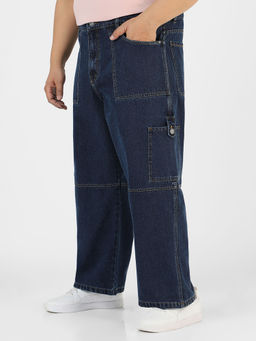 Urbano Plus - Mens Blue Loose Baggy Fit Washed Cargo Jeans With 6 Pockets Non-Stretchable