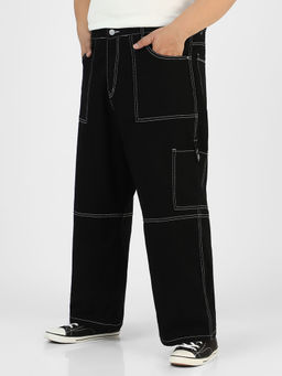 Urbano Plus - Mens Black Loose Baggy Fit Washed Cargo Jeans With 6 Pockets Non-Stretchable