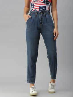 SHOWOFFFF - Women Low Distress Blue Mom Fit Denim Jeans