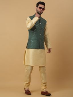 Kraft India - Men Beige Kurta & Churidar with Sequenced Green Nehru Jacket (Set of 3)