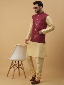Kraft India - Men Beige Kurta & Churidar with Sequenced Maroon Nehru Jacket (Set of 3)