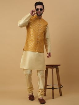 Kraft India - Men Beige Kurta & Churidar with Sequenced Yellow Nehru Jacket (Set of 3)
