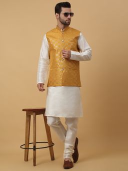 Kraft India - Men Cream Kurta & Churidar with Sequenced Yellow Nehru Jacket (Set of 3)