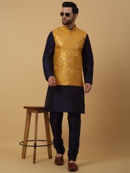Kraft India - Men Navy Blue Kurta & Churidar with Sequenced Yellow Nehru Jacket (Set of 3)