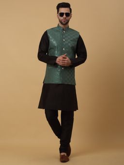 Kraft India - Men Black Kurta & Churidar with Sequenced Green Nehru Jacket (Set of 3)
