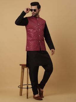 Kraft India - Men Black Kurta & Churidar with Sequenced Maroon Nehru Jacket (Set of 3)