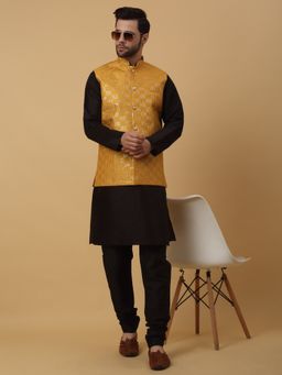 Kraft India - Men Black Kurta & Churidar with Sequenced Yellow Nehru Jacket (Set of 3)