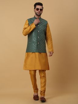 Kraft India - Men Mustard Kurta & Churidar with Sequenced Green Nehru Jacket (Set of 3)