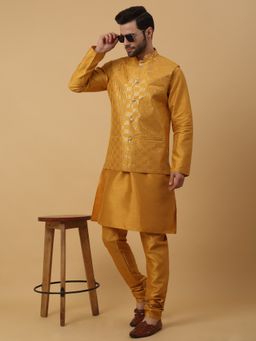 Kraft India - Men Mustard Kurta & Churidar with Sequenced Yellow Nehru Jacket (Set of 3)