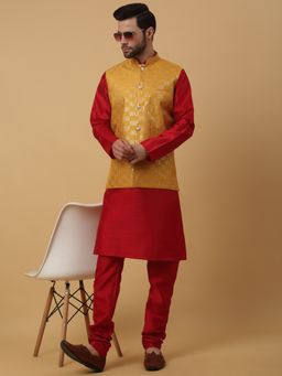 Kraft India - Men Maroon Kurta & Churidar with Sequenced Yellow Nehru Jacket (Set of 3)