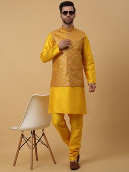 Kraft India - Men Yellow Kurta & Churidar with Sequenced Mustard Nehru Jacket (Set of 3)