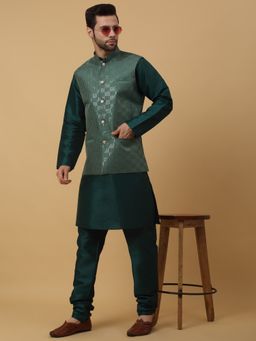 Kraft India - Men Green Kurta & Churidar with Sequenced Green Nehru Jacket (Set of 3)