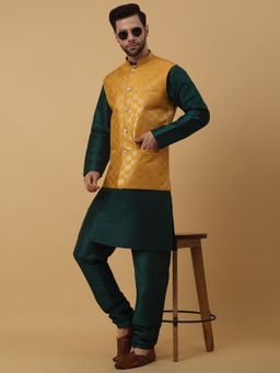 Kraft India - Men Green Kurta & Churidar with Sequenced Yellow Nehru Jacket (Set of 3)