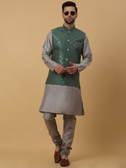 Kraft India - Men Grey Kurta & Churidar with Sequenced Green Nehru Jacket (Set of 3)