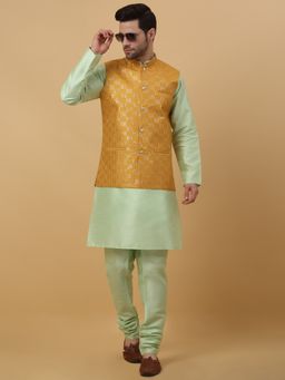 Kraft India - Men Sea Green Kurta & Churidar with Sequenced Yellow Nehru Jacket (Set of 3)