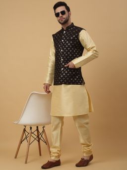 Kraft India - Men Beige Kurta & Churidar with Sequenced Embroidered Black Nehru Jacket (Set of 3)