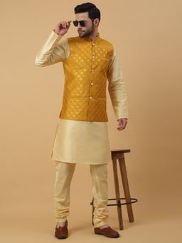 Kraft India - Men Beige Kurta & Churidar with Embroidered Mustard Nehru Jacket (Set of 3)