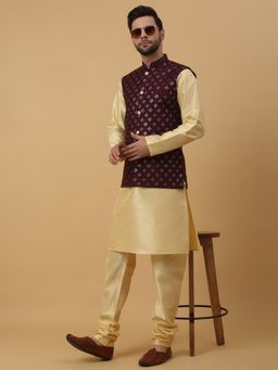 Kraft India - Men Beige Kurta & Churidar with Embroidered Maroon Nehru Jacket (Set of 3)