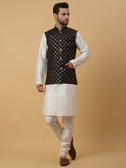 Kraft India - Men Cream Kurta & Churidar with Sequenced Embroidered Black Nehru Jacket (Set of 3)