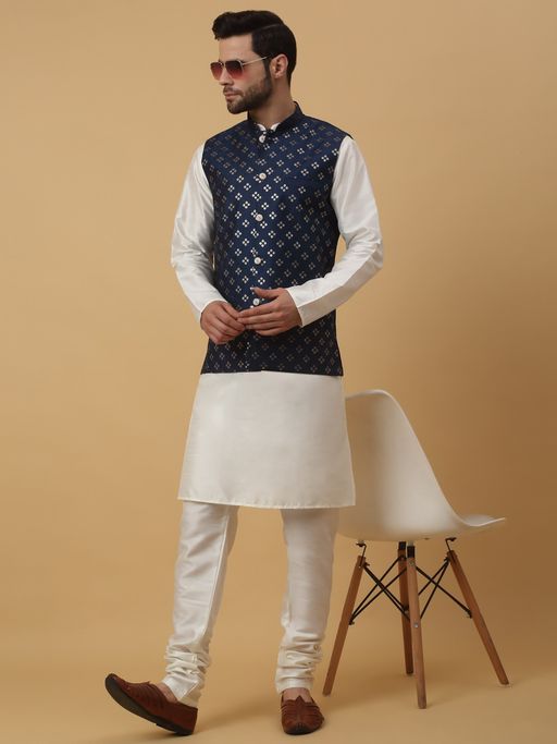 Kraft India Men Cream Kurta & Churidar with Sequenced Embroidered Blue Nehru Jacket (Set of 3)