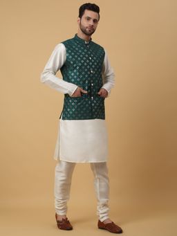 Kraft India - Men Cream Kurta & Churidar with Sequenced Embroidered Green Nehru Jacket (Set of 3)
