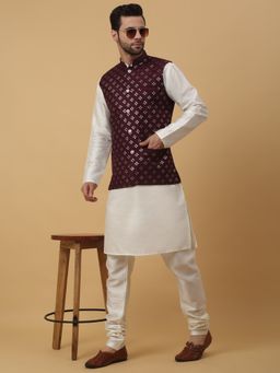 Kraft India - Men Cream Kurta & Churidar with Embroidered Maroon Nehru Jacket (Set of 3)