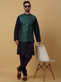 Kraft India - Men Navy Blue Kurta & Churidar with Embroidered Green Nehru Jacket (Set of 3)