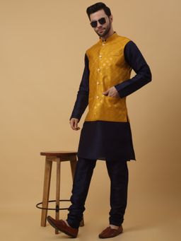 Kraft India - Men Navy Blue Kurta & Churidar with Embroidered Mustard Nehru Jacket (Set of 3)