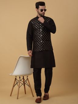 Kraft India - Men Black Kurta & Churidar with Sequenced Embroidered Black Nehru Jacket (Set of 3)