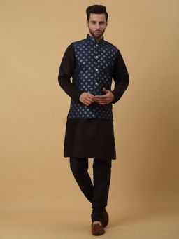Kraft India - Men Black Kurta & Churidar with Sequenced Embroidered Blue Nehru Jacket (Set of 3)