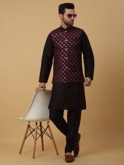 Kraft India - Men Black Kurta & Churidar with Embroidered Maroon Nehru Jacket (Set of 3)