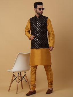 Kraft India - Men Mustard Kurta & Churidar with Embroidered Black Nehru Jacket (Set of 3)