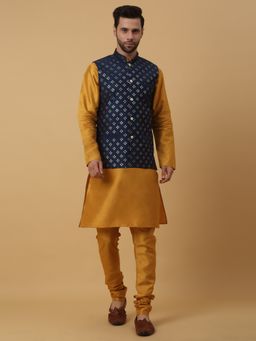 Kraft India - Men Mustard Kurta & Churidar with Embroidered Blue Nehru Jacket (Set of 3)